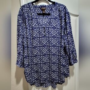 Bit & Bridle Blue Boho Print Flowy Peasant Blouse Size 3X EUC